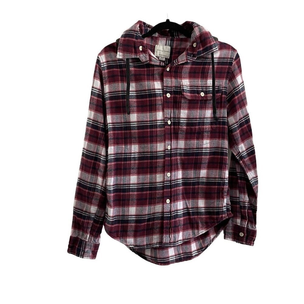 American Eagle Women S Plaid Button Up Removable Hooded Flannel Shirt